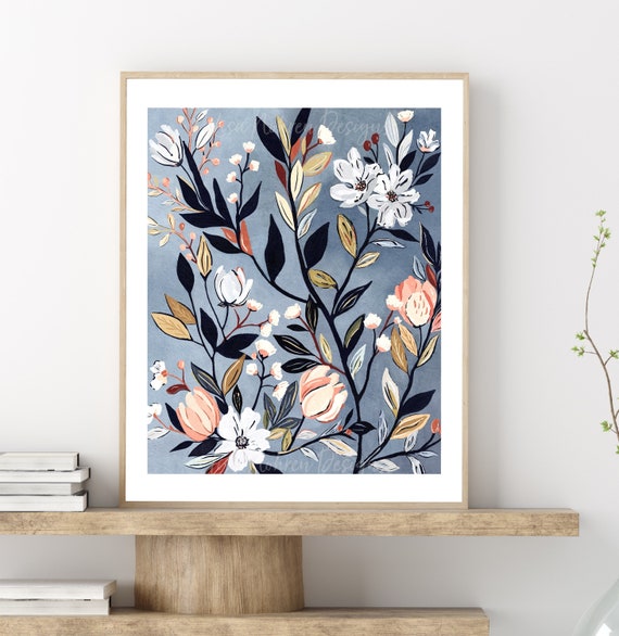 Neutral Blue Floral Abstract Botanical Illustration