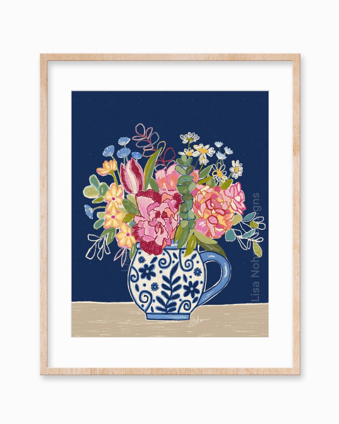 Abstract Floral Illustration, Navy Botanical Bouquet