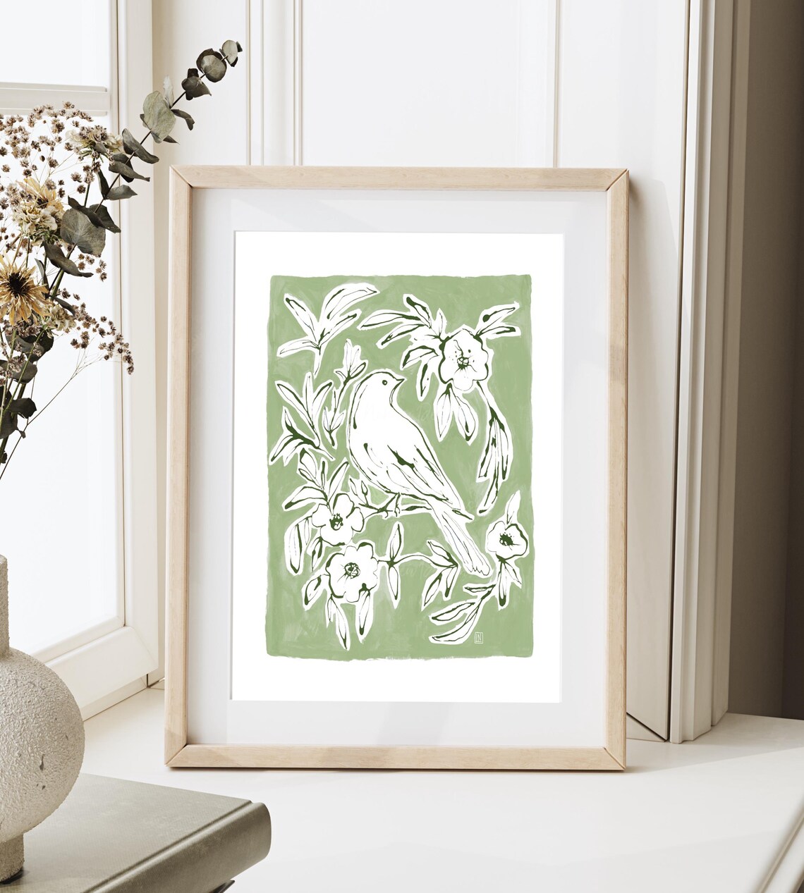 White Bird and Blooms Sage Green Chinoiserie Style Art Poster