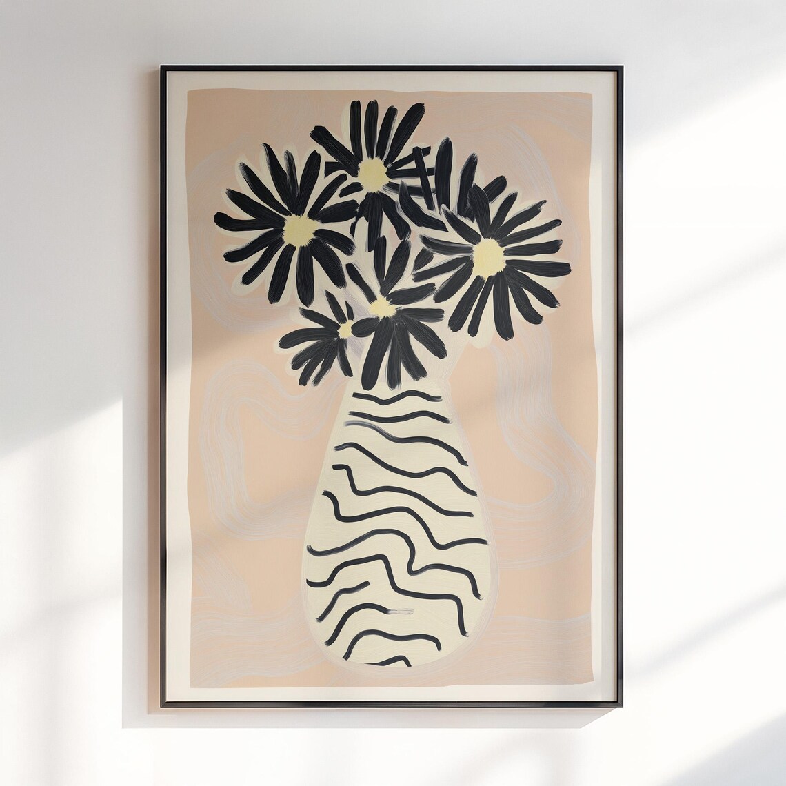 Black Daisy Bouquet in Striped Vase Minimal Hand Drawn Floral Poster