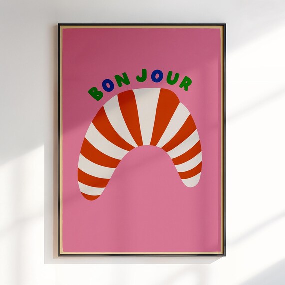 Bonjour Pink Striped Croissant French Pop Art Kitchen Poster