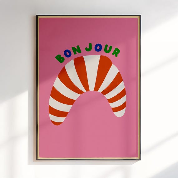 Bonjour Poster Kitchen Wall Art Funny Food Print Croissant Decor For Dining Room Or Chef Gift Colorful Artwork