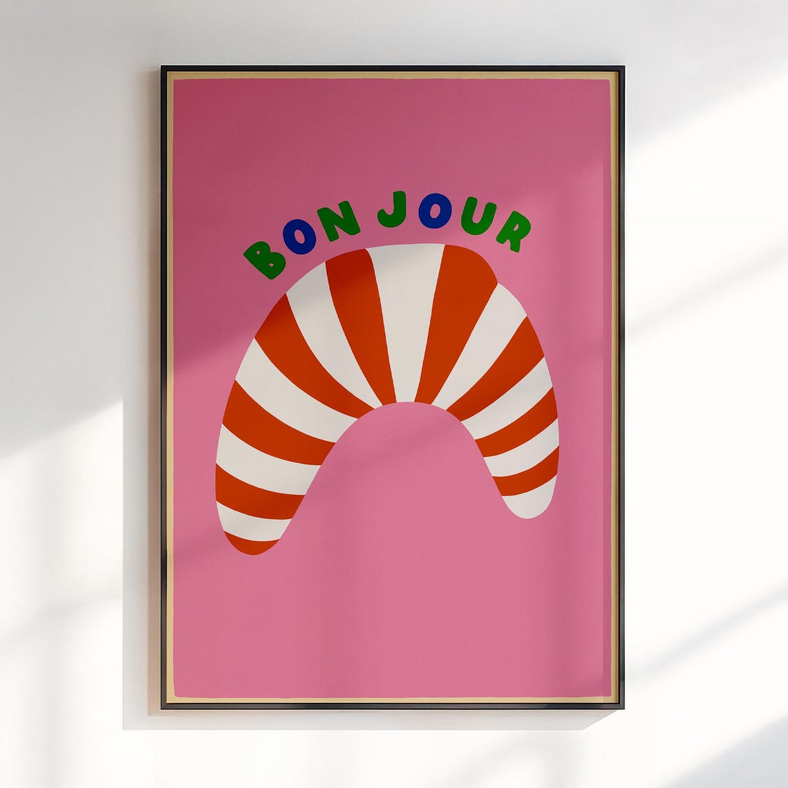 Bonjour Pink Striped Croissant French Pop Art Kitchen Poster