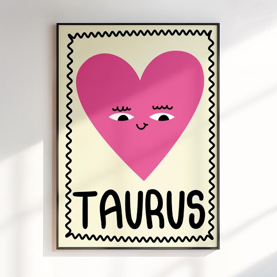 Taurus Smiling Pink Heart Face Cute Kids Zodiac Star Sign Poster
