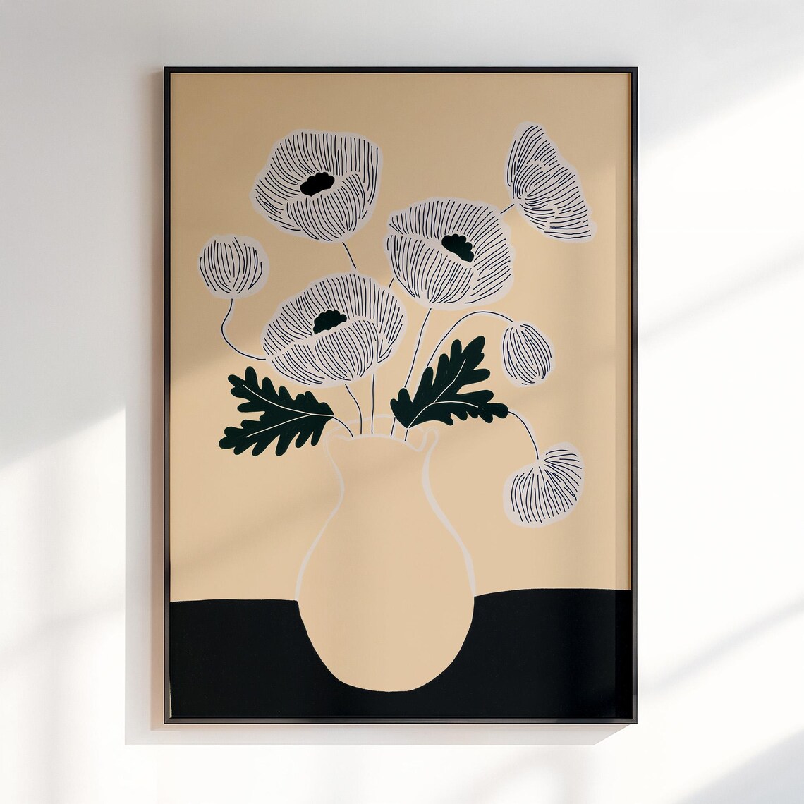 White Poppy Fine Line Art Beige Vase Minimal Modern Floral Poster