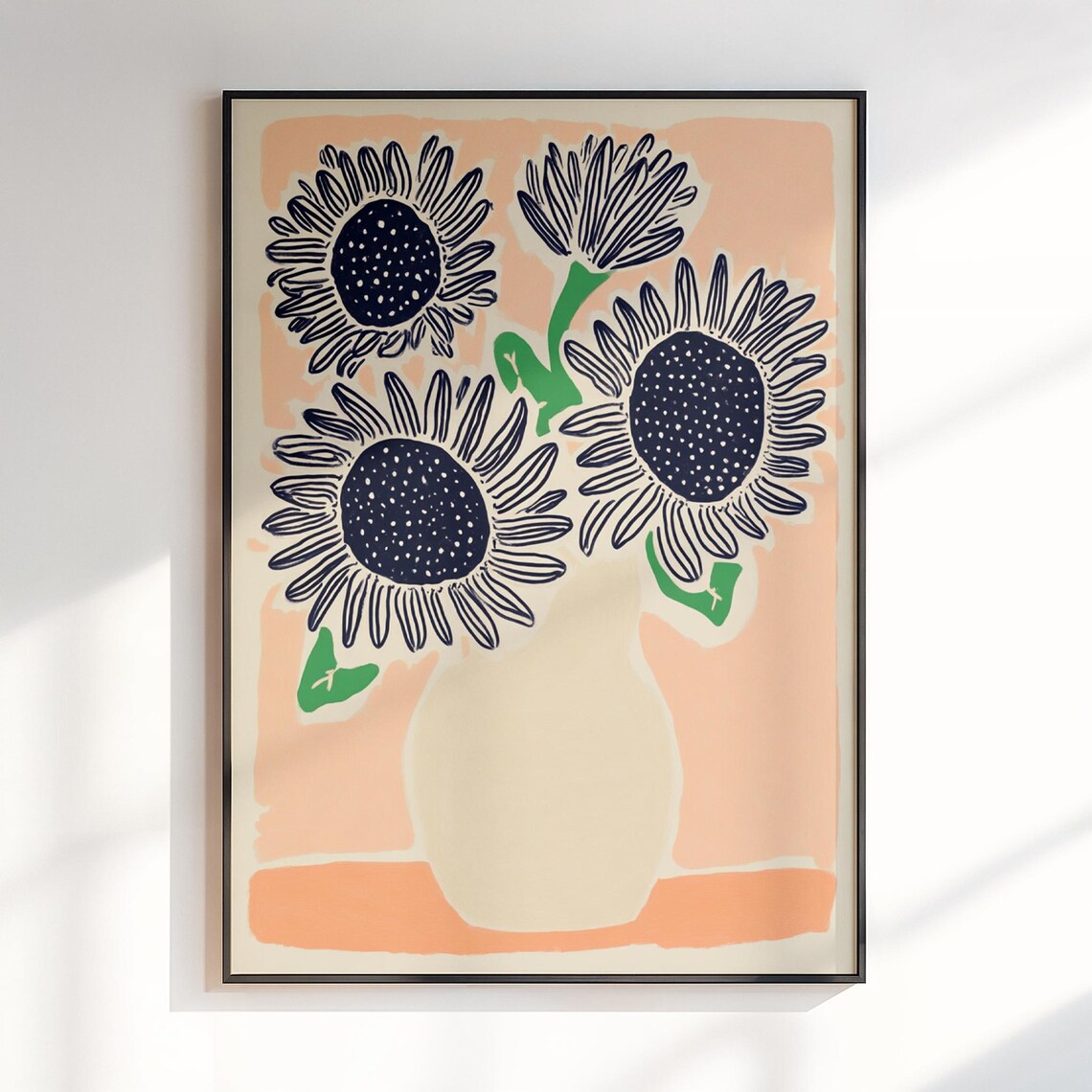 Navy Sunflowers White Vase Peach Background Floral Art Poster