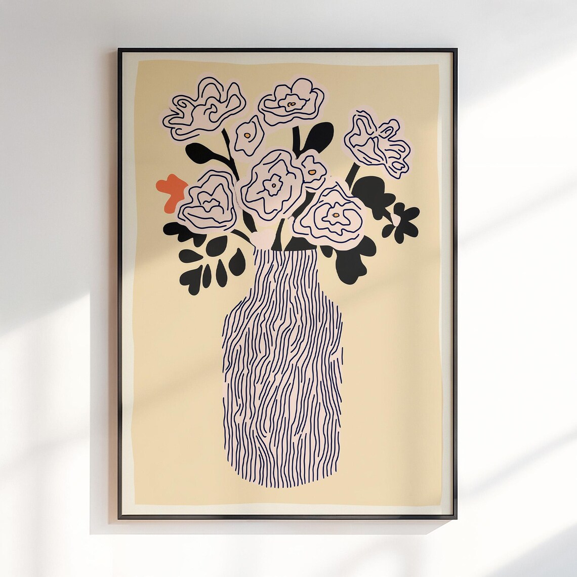 Tall Striped Vase Bold Outlined Blooms Beige Floral Art Poster