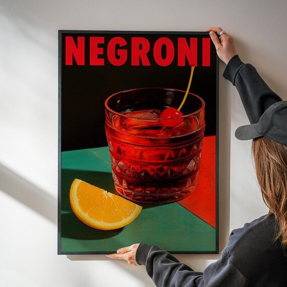 Negroni Cocktail Retro Pop Art Cherry Garnish Kitchen Bar Poster
