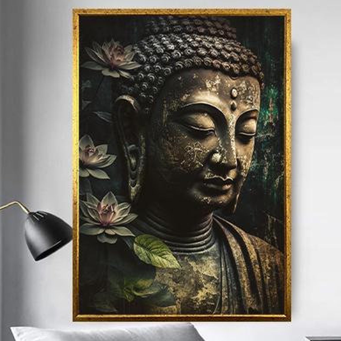 Golden Buddha With Lotus Flowers On Deep Dark Botanical Wall Art - Image 5