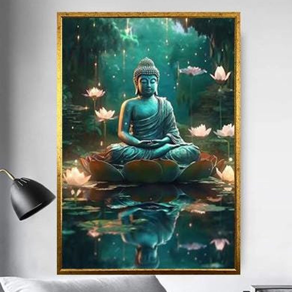 Buddha Meditating On A Lotus In A Glowing Mystical Pond Wall Art - Image 5