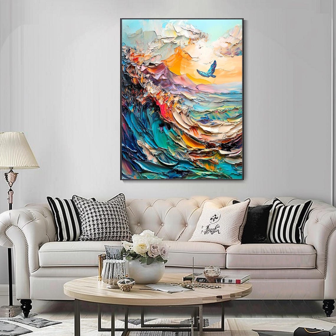 Blue Bird Flying Sunset Ocean Wave Abstract Impasto Art Poster - Image 5