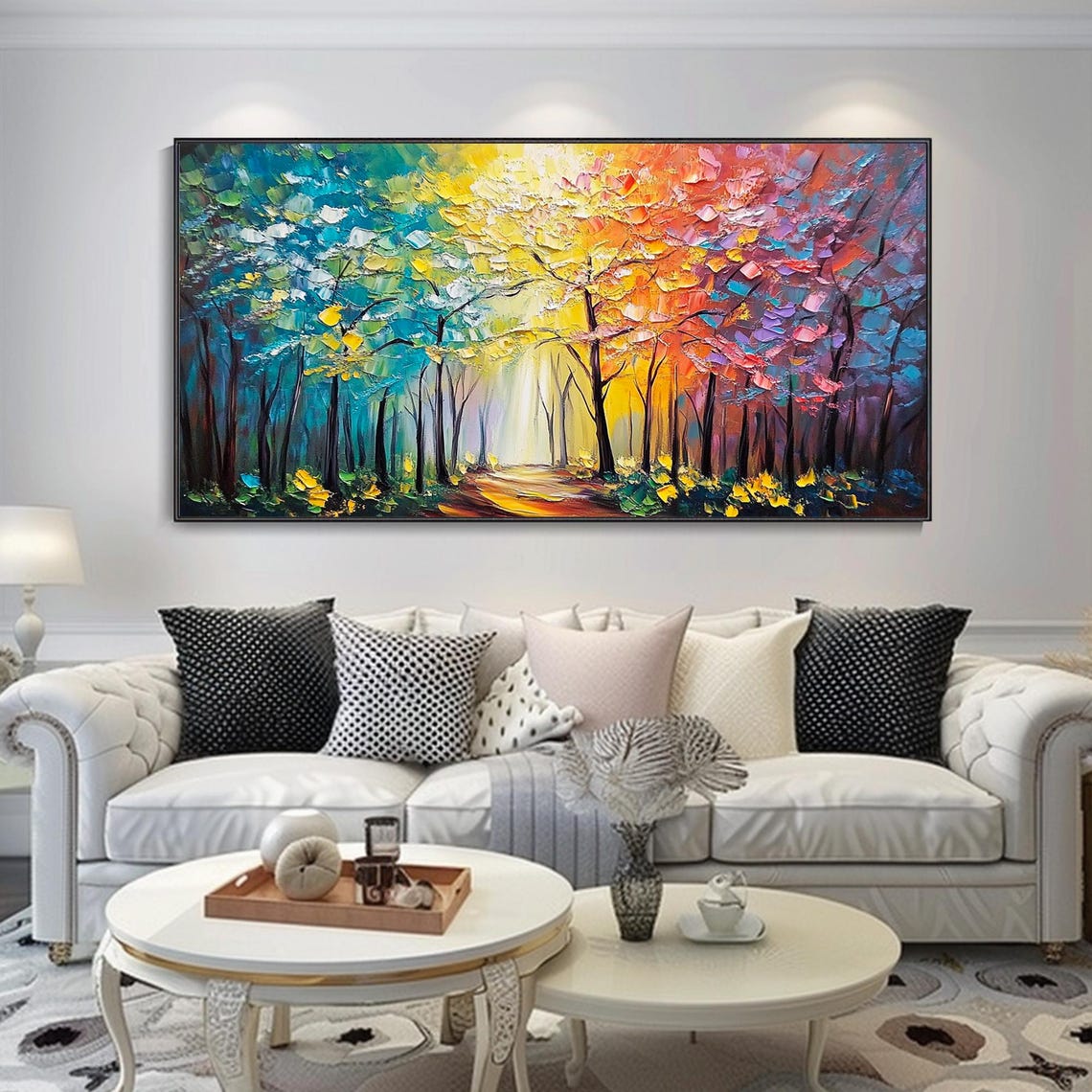 Rainbow Autumn Forest Path Sunlight Canopy Impasto Art Poster - Image 2