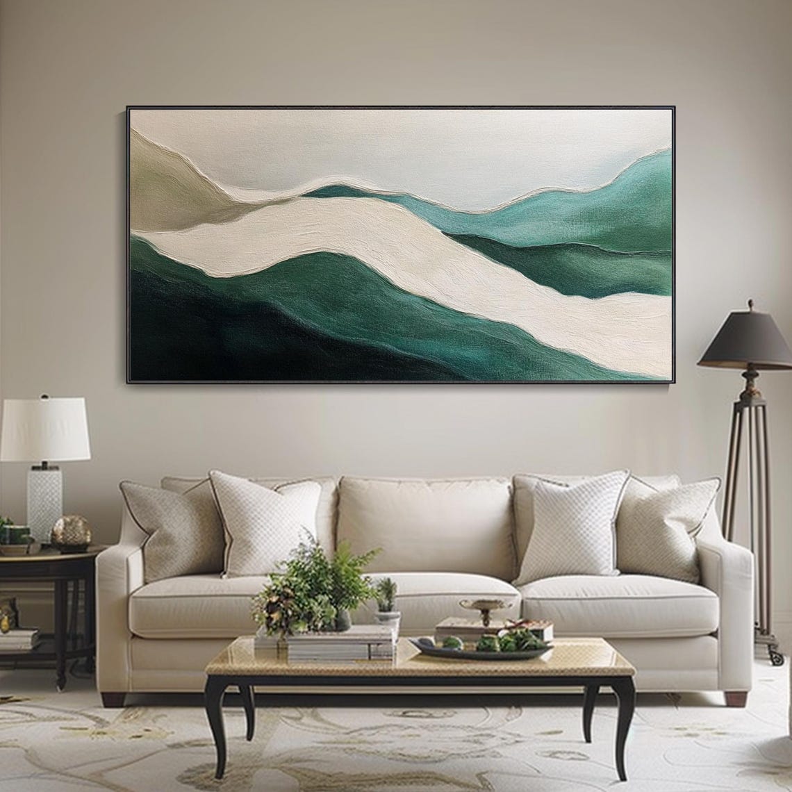 Minimalist Green White Rolling Hills Abstract Waves Art Poster - Image 3