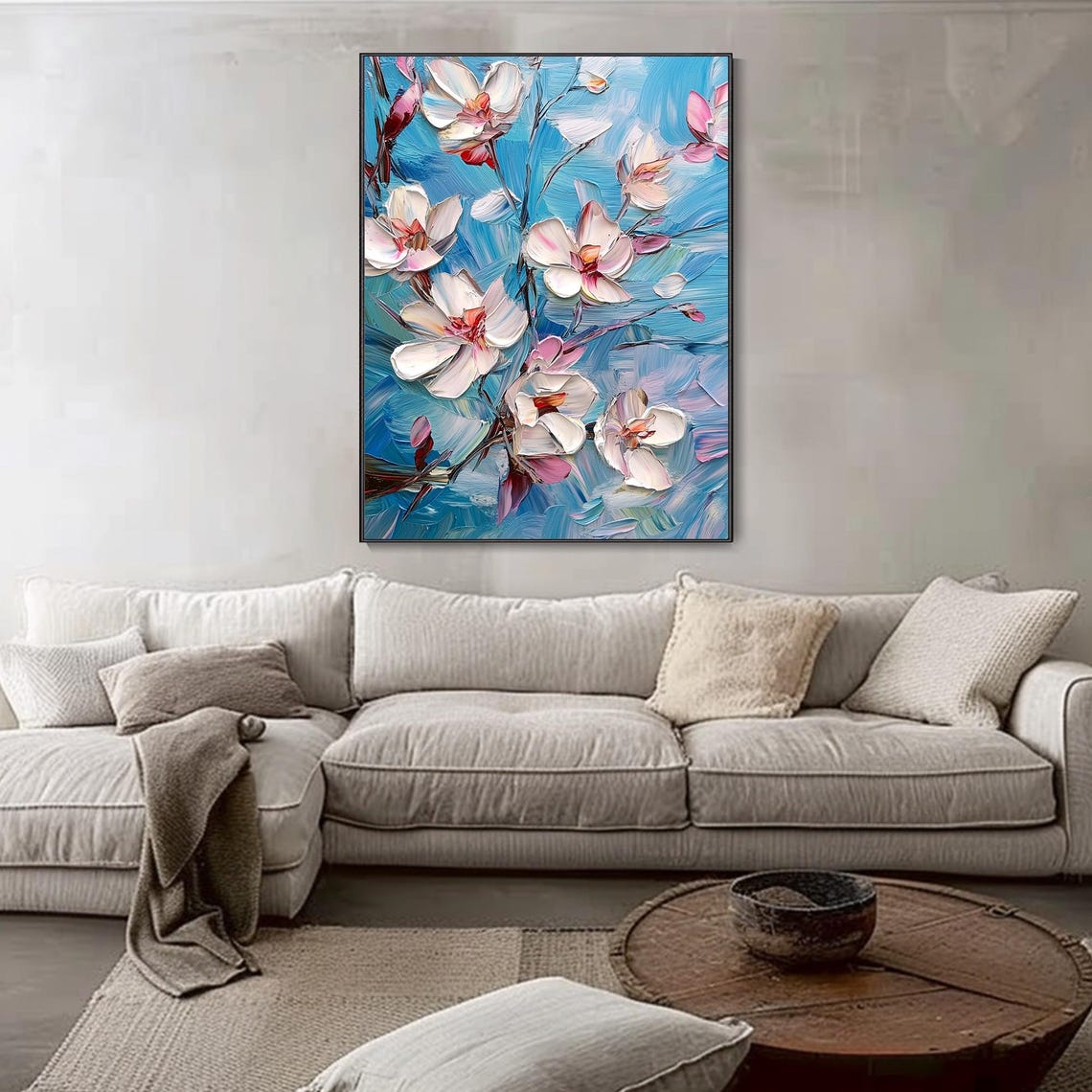 White Blossom Branches Turquoise Blue Impasto Floral Art Poster - Image 4