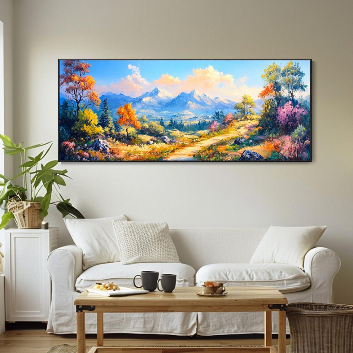 Autumn Mountain Path Meadow Snowy Peaks Colorful Impasto Art Poster - Image 3