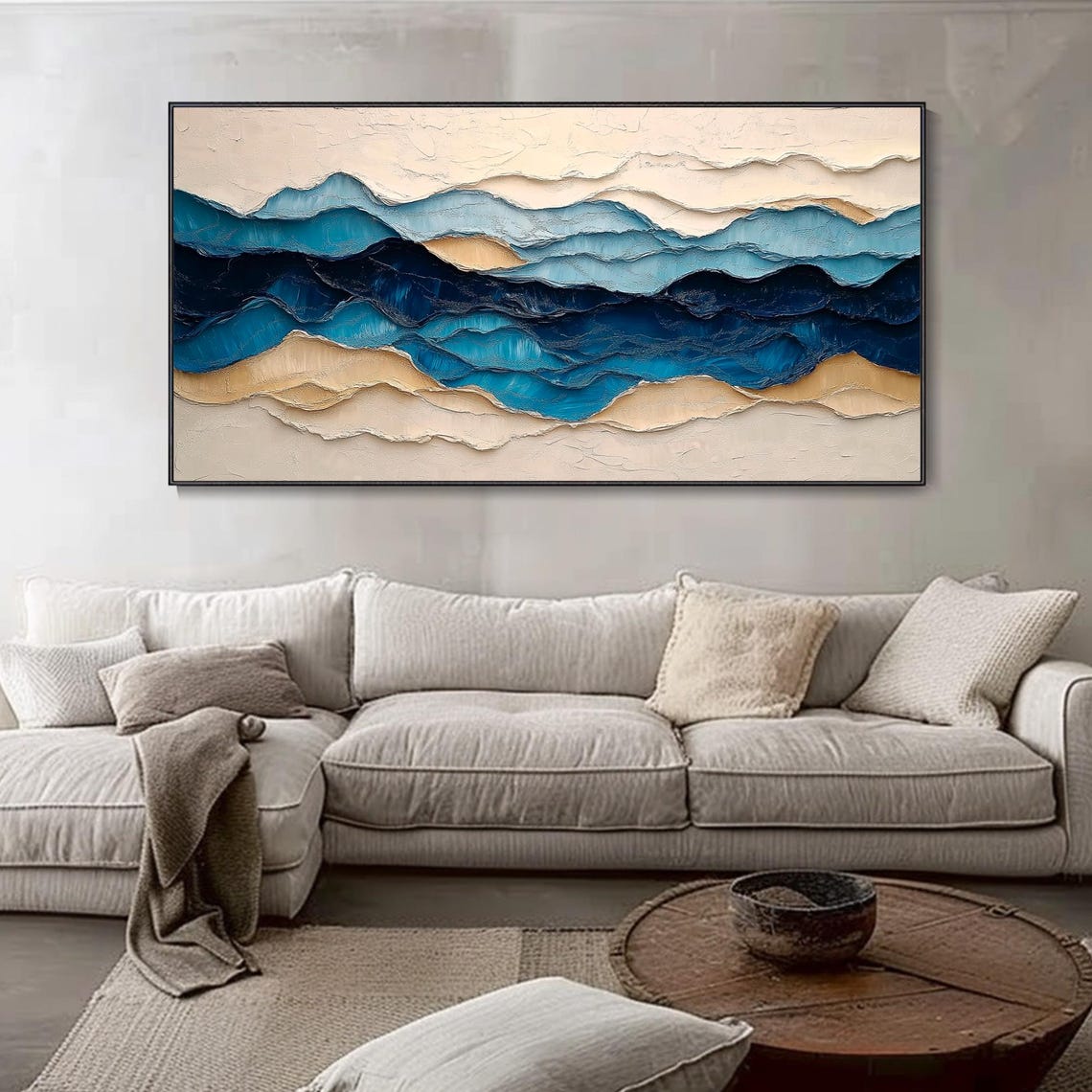 Navy Blue Abstract Ocean Waves Sand Tones Impasto Art Poster - Image 4