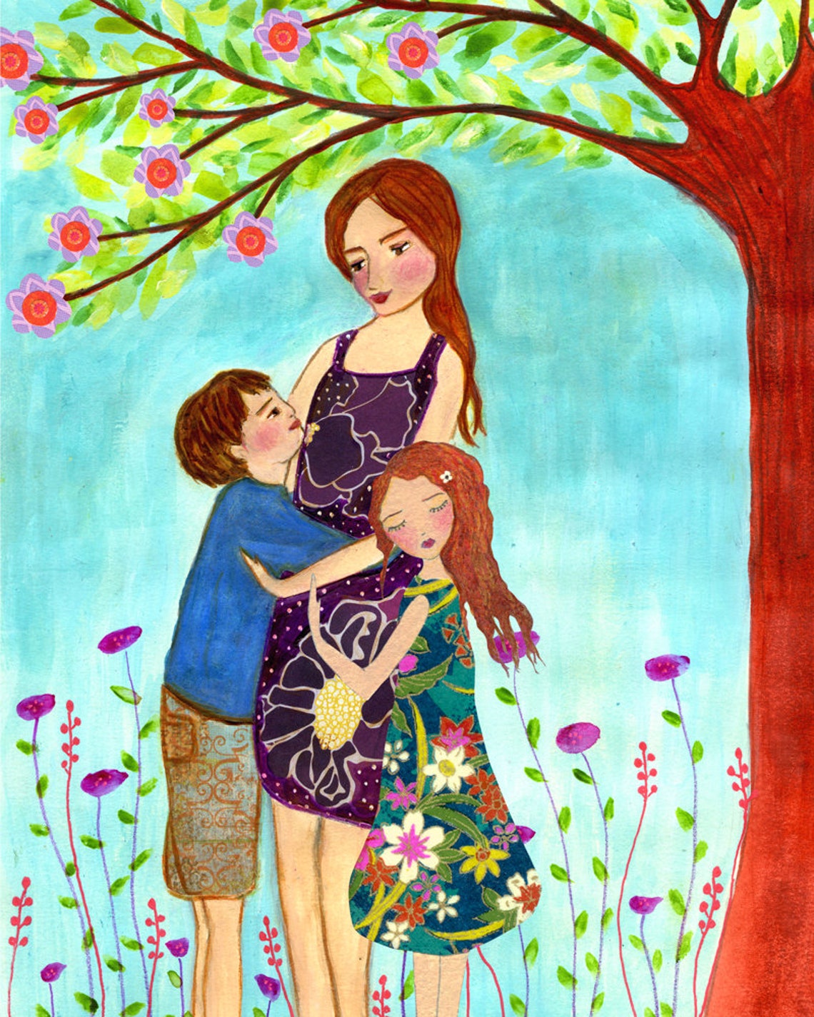 Mother Art Mother With Son And Daughter Painting Motherhood Art Print Mother And Child Painting Nursery Wall Art