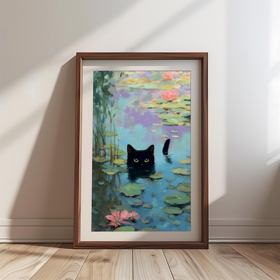 Monet-Inspired Cat Print, Impressionist Parody Art