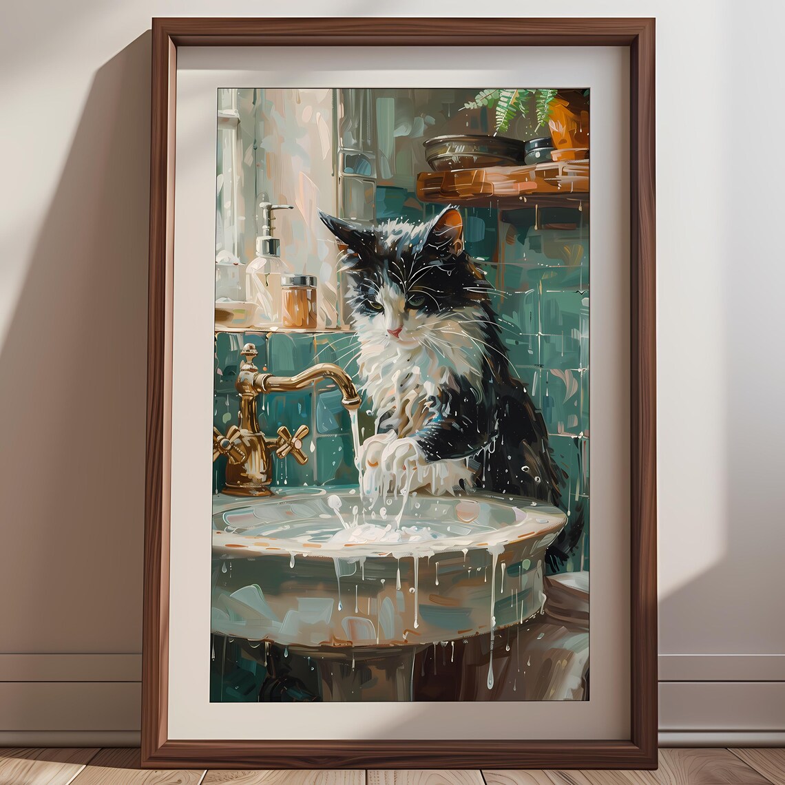 Monet-Inspired Cat In Sink Art Print, Black Bathroom Decor