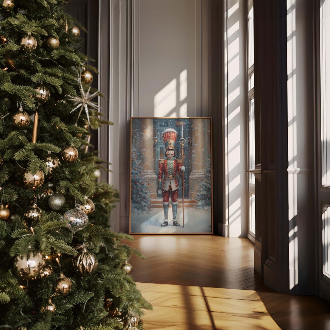 Red Uniform Nutcracker Soldier with Staff in Falling Snow Poster - Image 3
