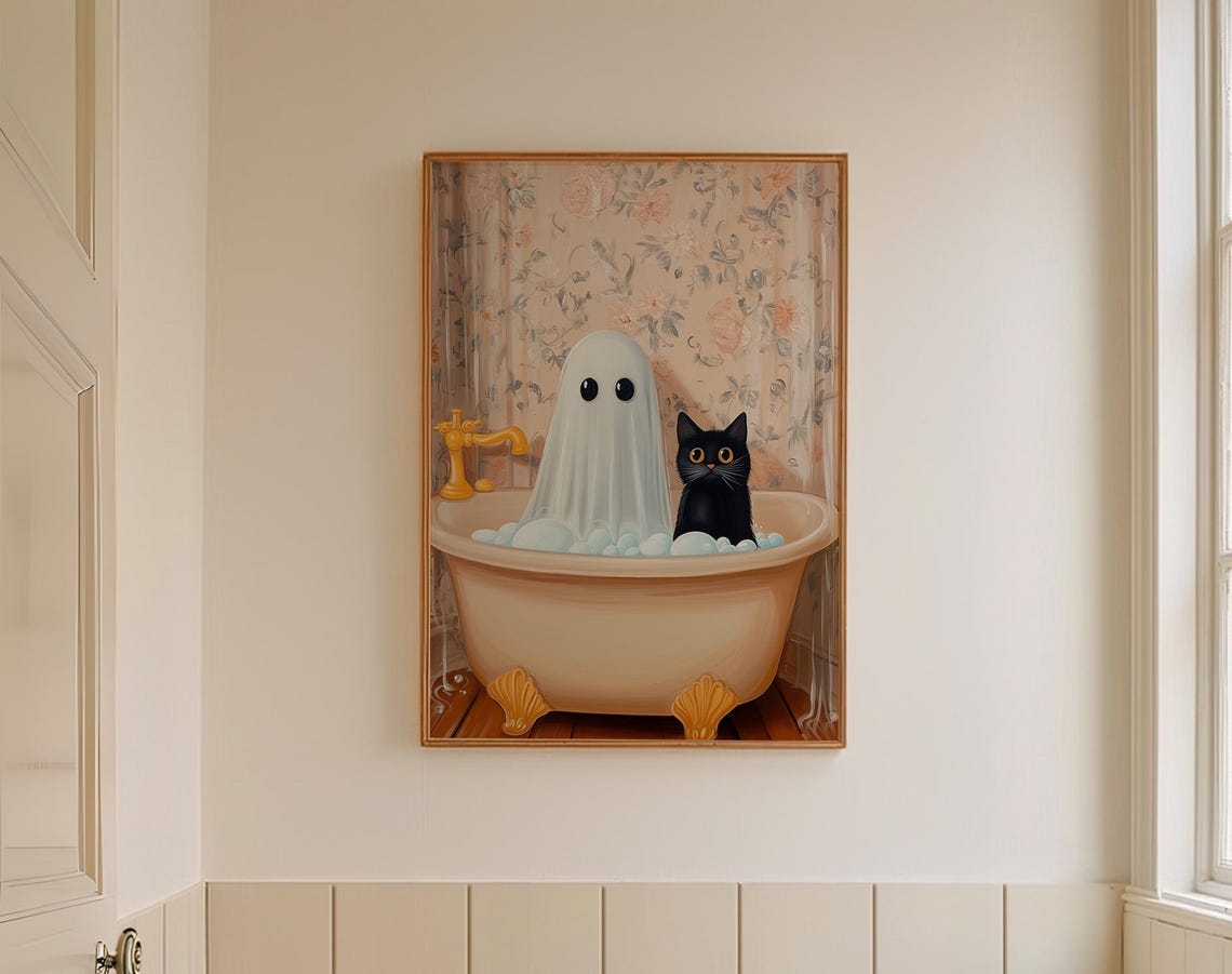 Cute Ghost And Black Cat Bubble Bath Vintage Bathroom Poster - Image 3