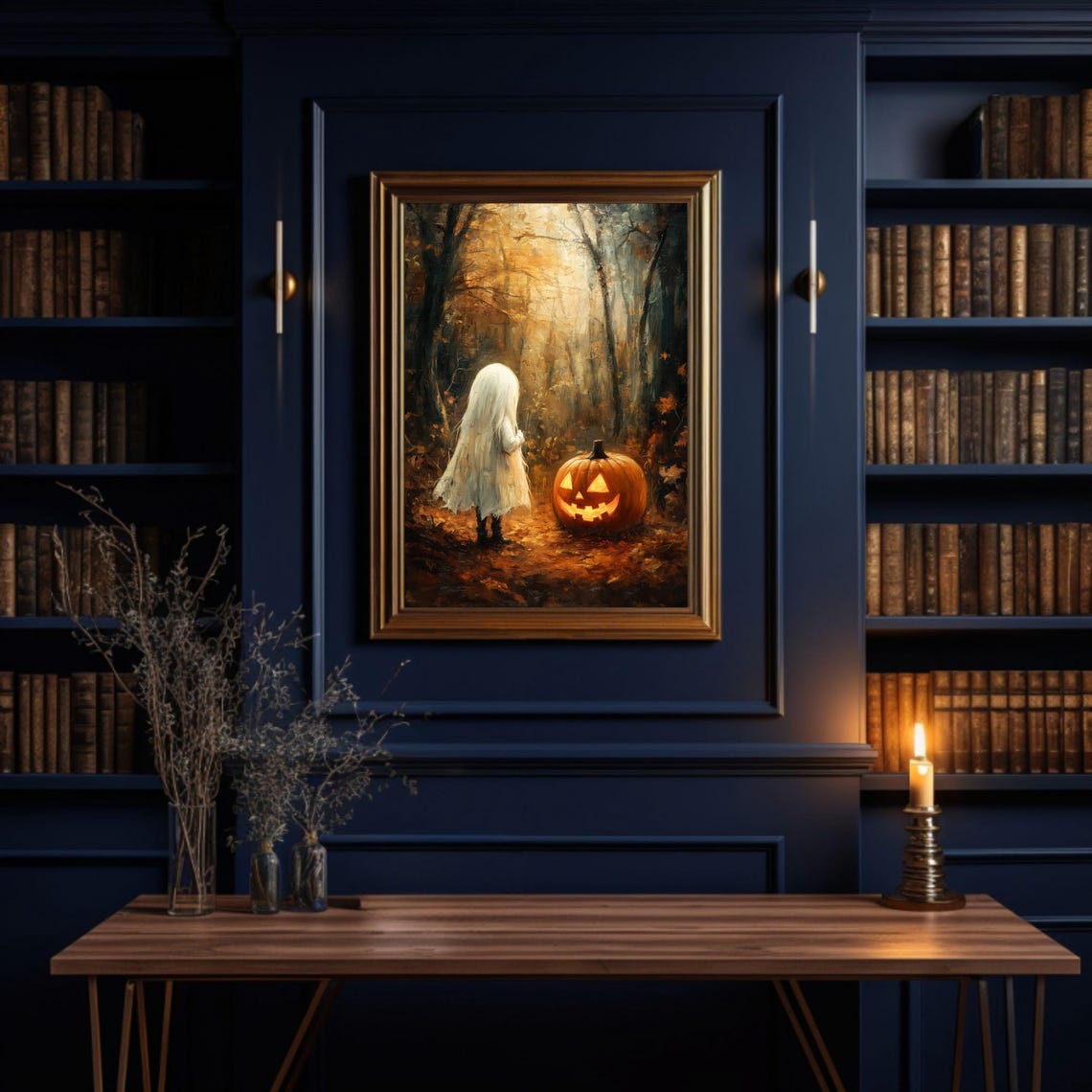 Cute Ghost Child Jack o Lantern Autumn Forest Halloween Art Poster - Image 3