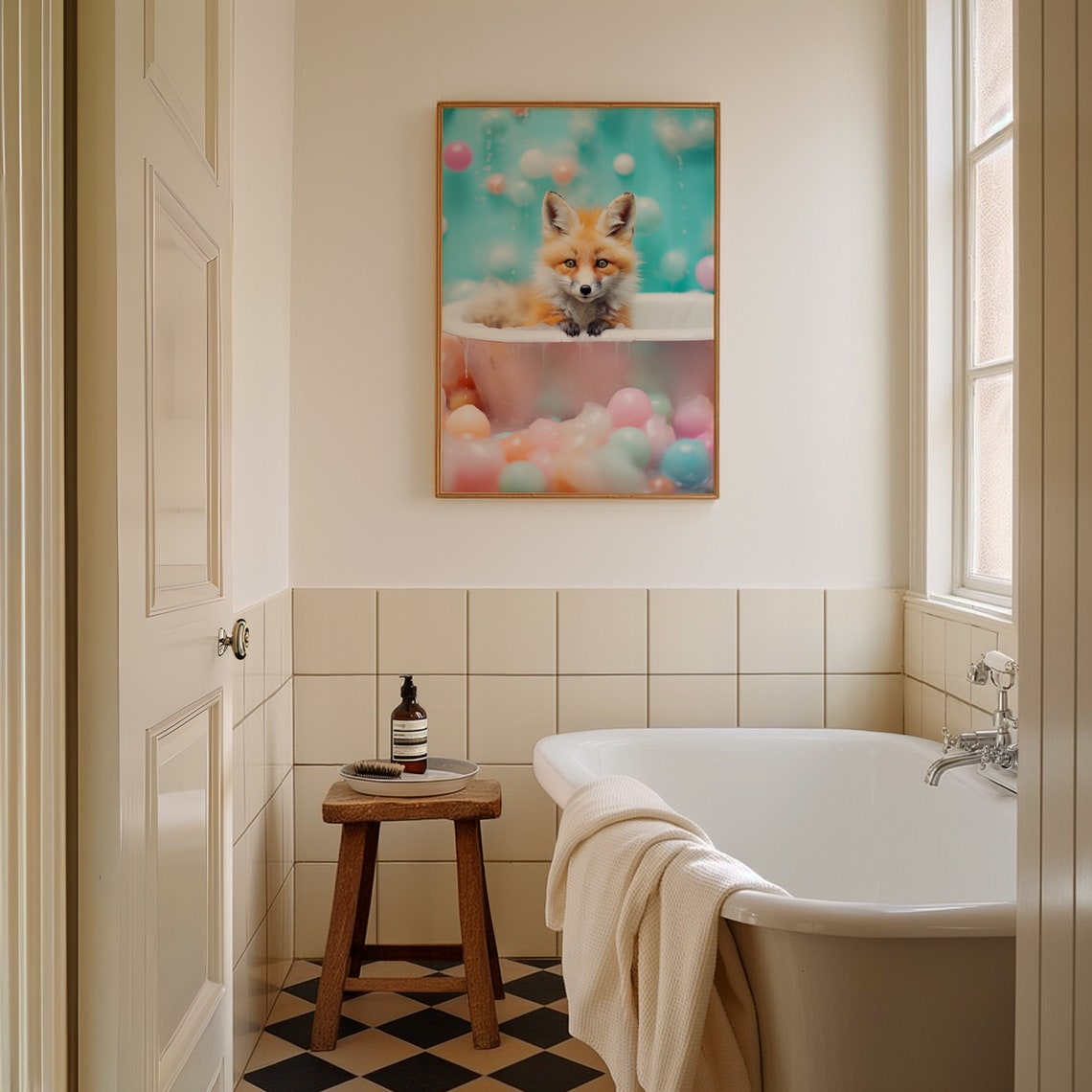 Baby Fox In Bubble Bath Pastel Bubbles Cute Animal Nursery Wall Poster - Image 2