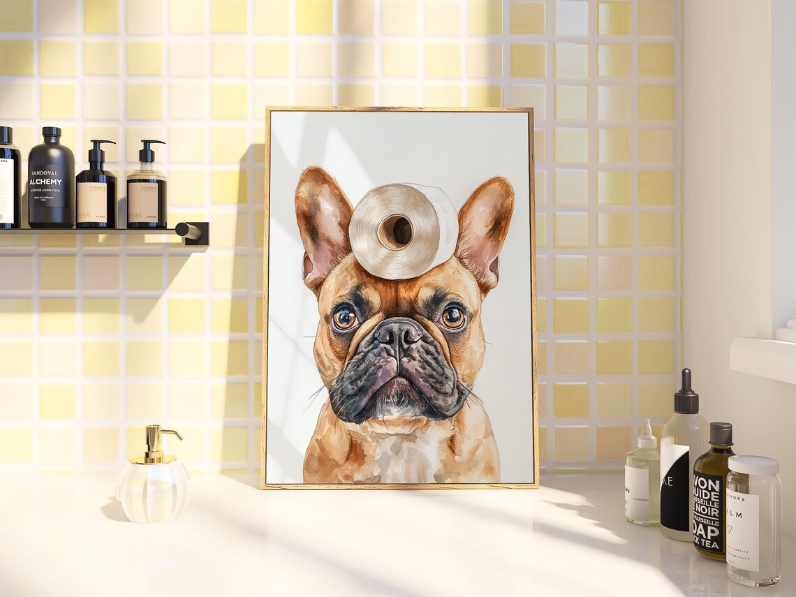 French Bulldog Watercolor Toilet Paper Roll Head Funny Dog Poster - Image 3