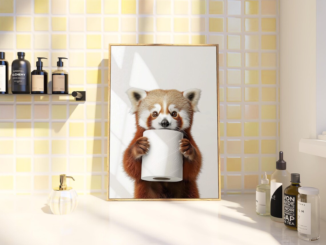 Adorable Red Panda Holding Toilet Paper Roll Bathroom Poster - Image 3