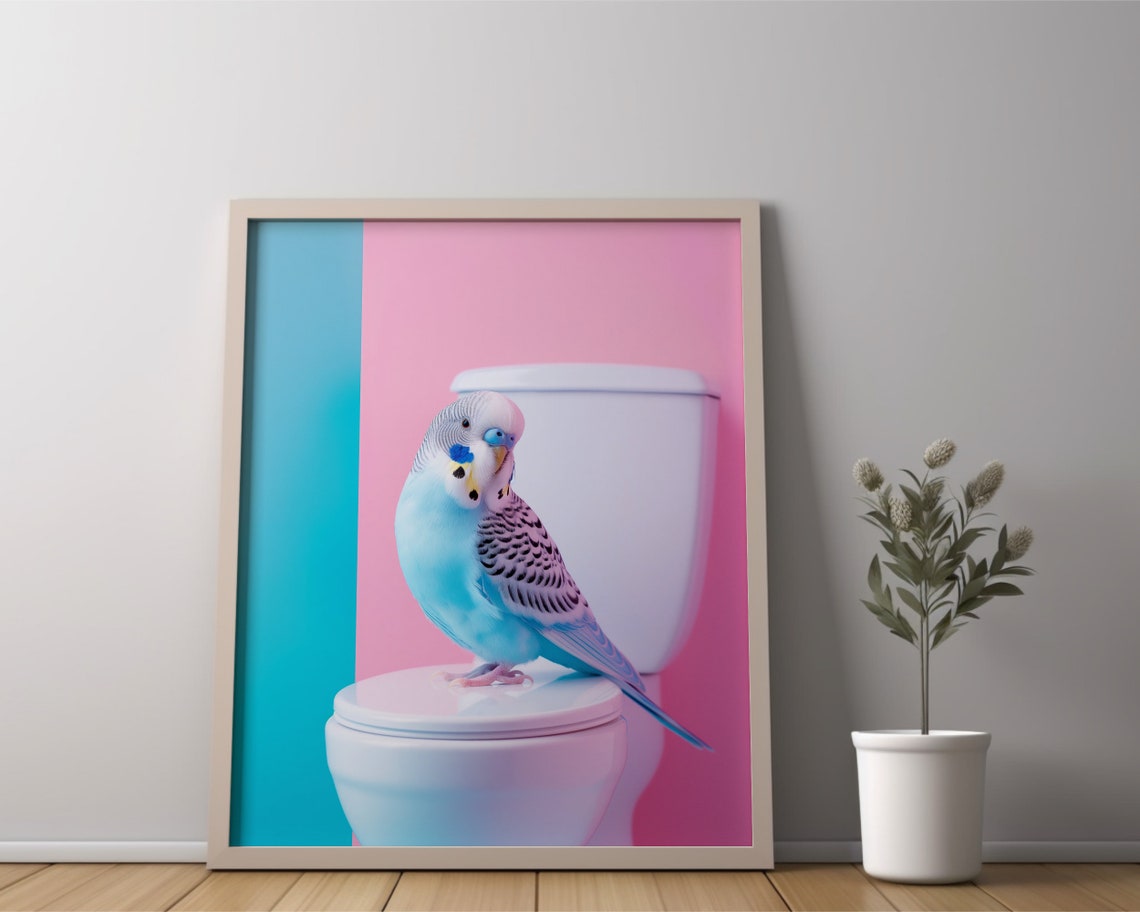Blue Budgie Parakeet Perched on Toilet Pink and Teal Bathroom Poster - Image 2
