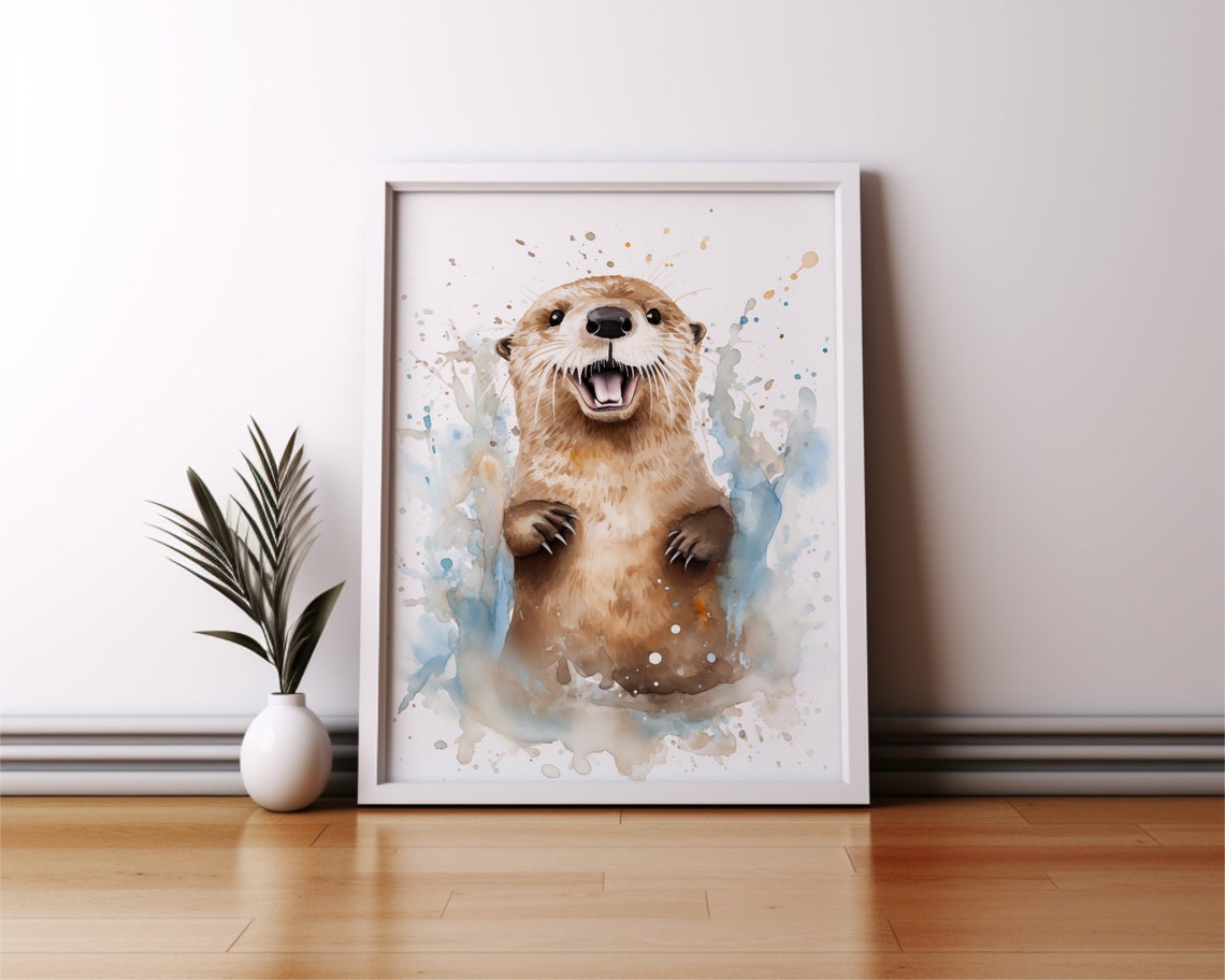 Happy Otter Watercolor Splash Cute Blue Brown Animal Art Poster - Image 3