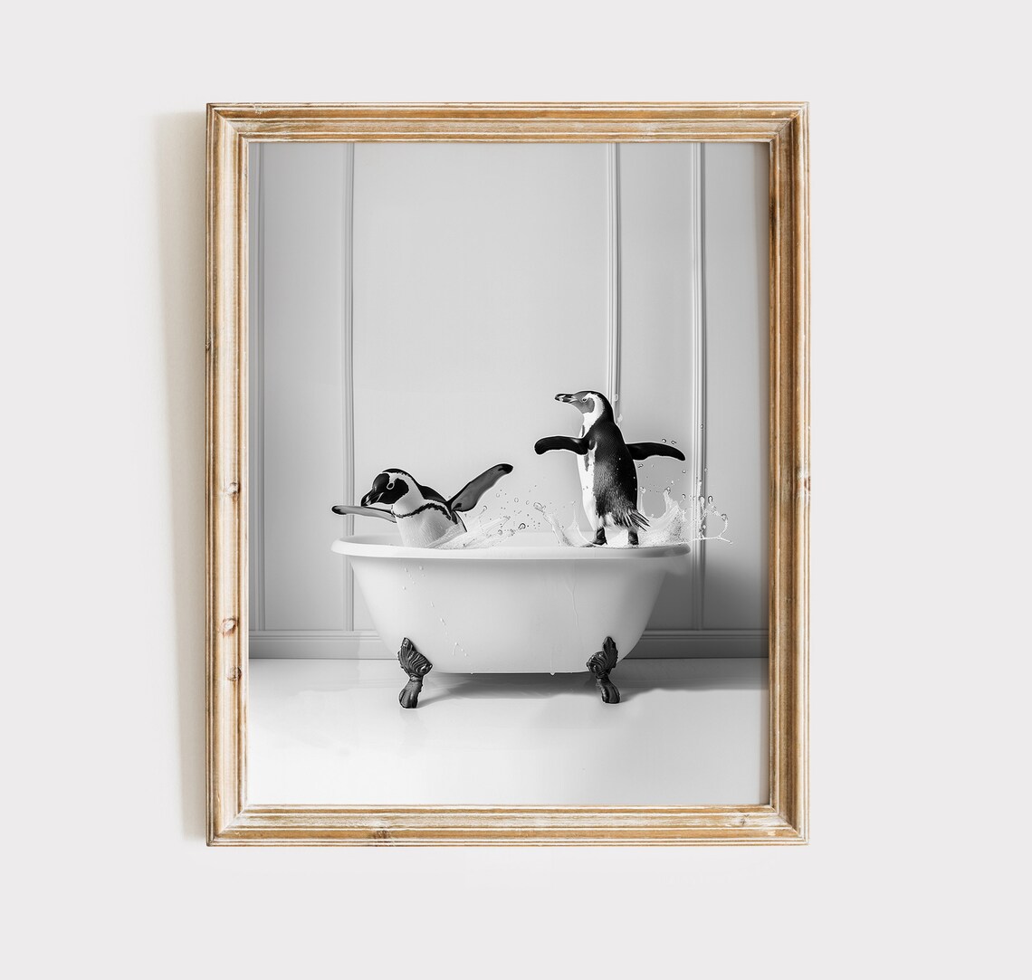 Adorable Penguins in Bathtub Bathroom Art Print