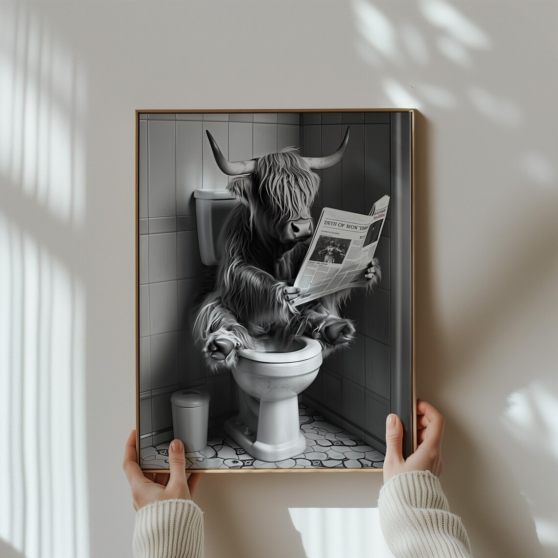 Highland Cow Reading Newspaper on Toilet Funny Farmhouse Bathroom Poster - Image 2