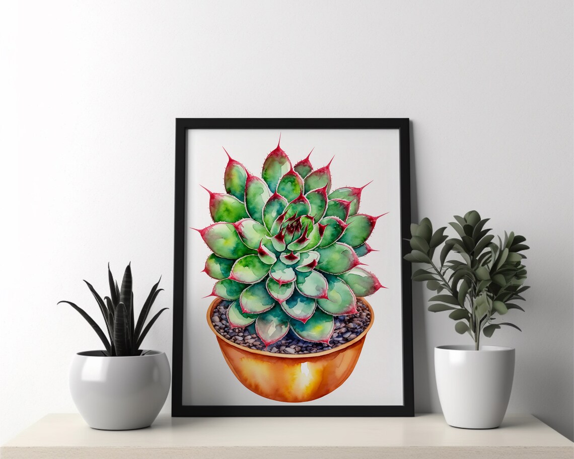 Red Tipped Succulent Copper Pot Watercolor Botanical Plant Poster - Image 2