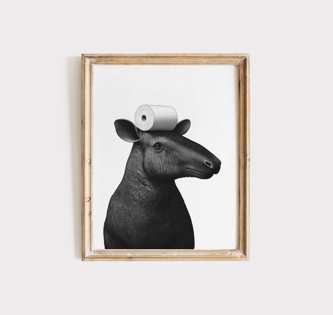 Tapir With Toilet Paper On Head Black And White Funny Bathroom Poster