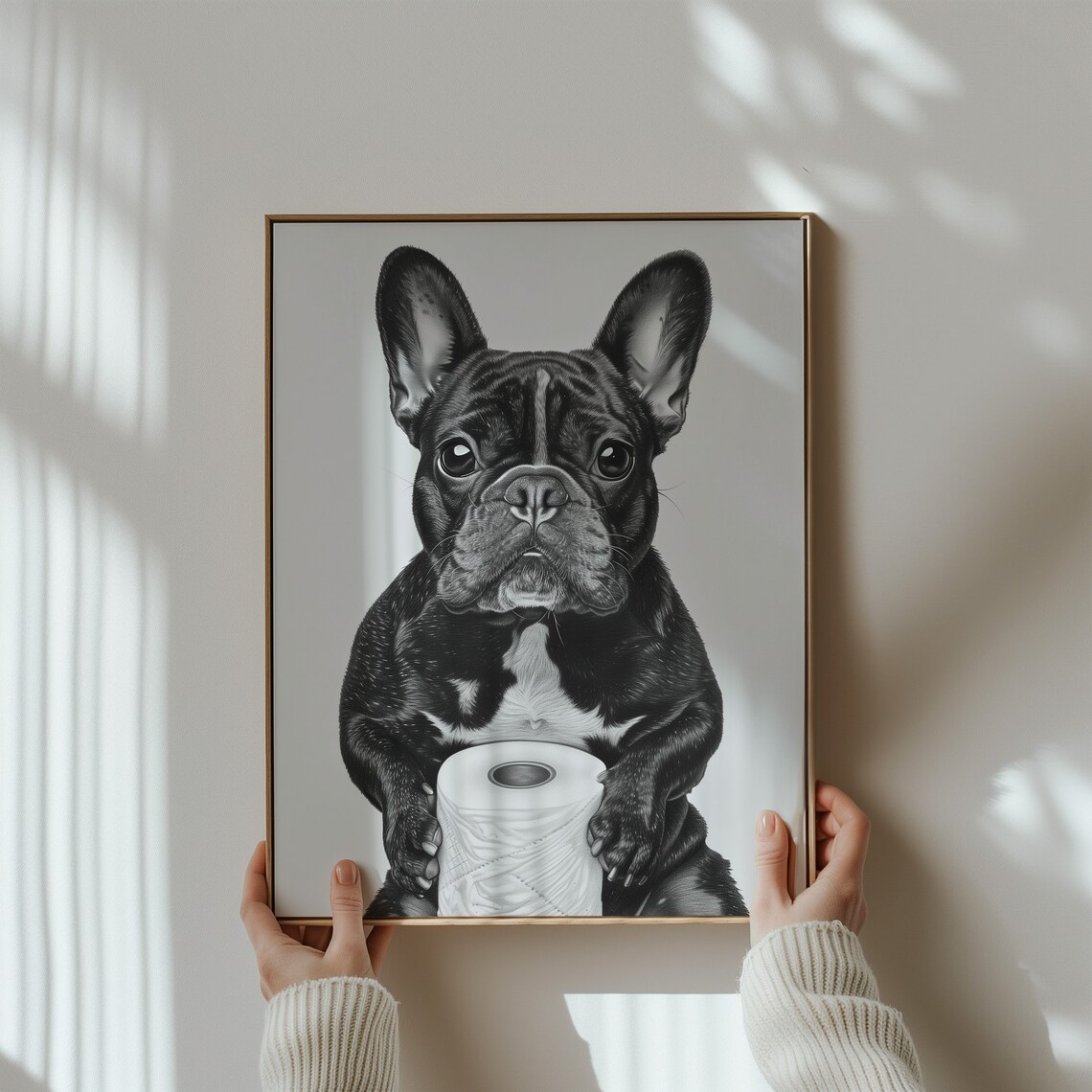 French Bulldog Puppy Holding Toilet Paper Roll Funny Bathroom Poster - Image 3