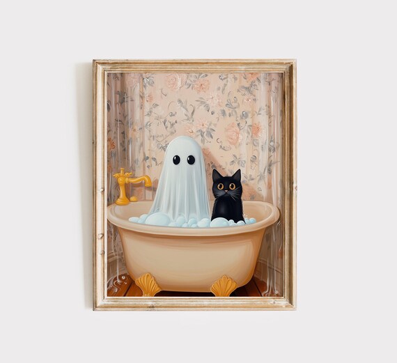 Cute Ghost And Black Cat Bubble Bath Vintage Bathroom Poster