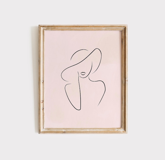 Elegant Minimalist One Line Art Woman with Hat on Blush Pink Poster