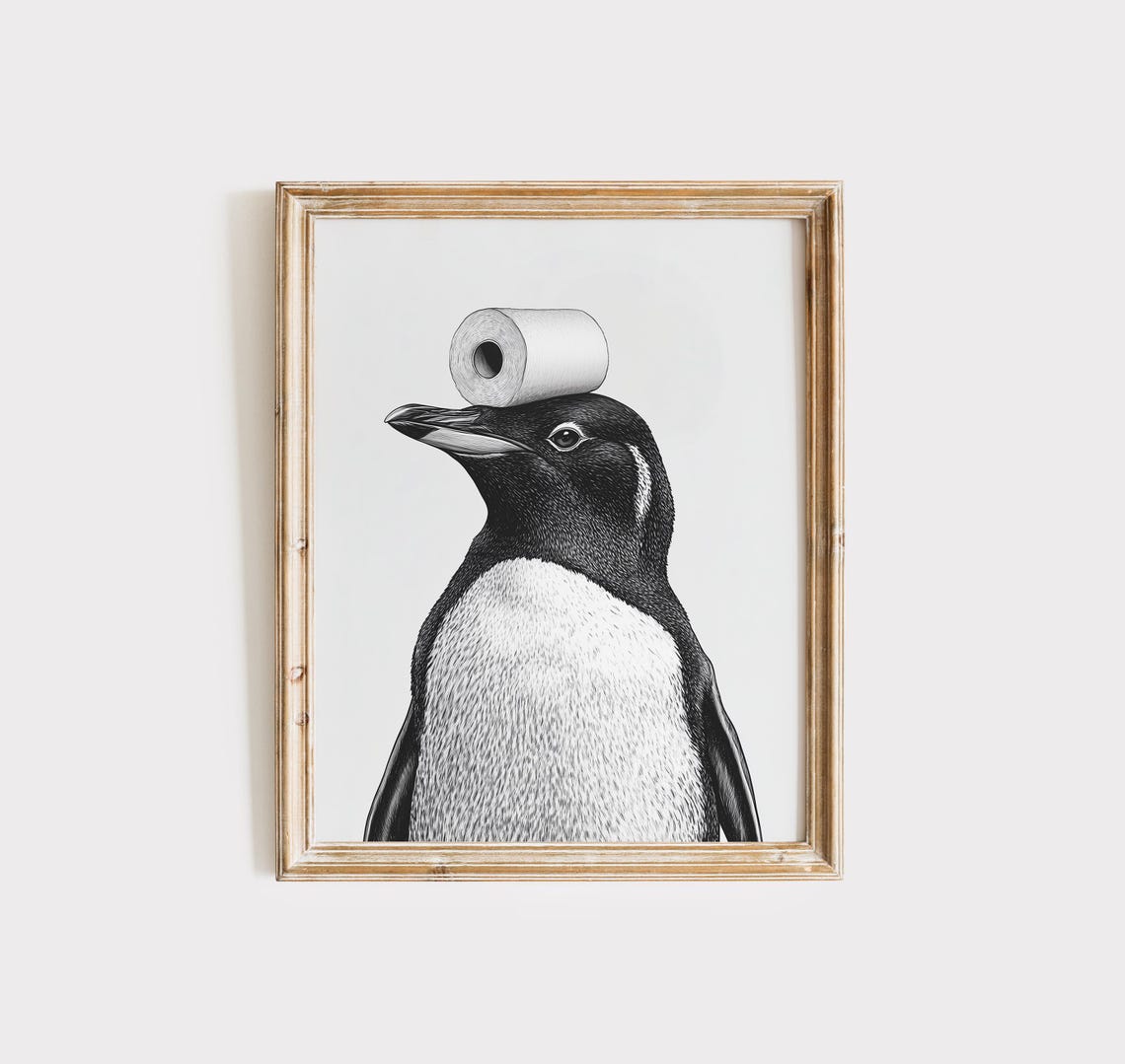 Penguin Balancing Toilet Paper Roll Black White Funny Bird Poster