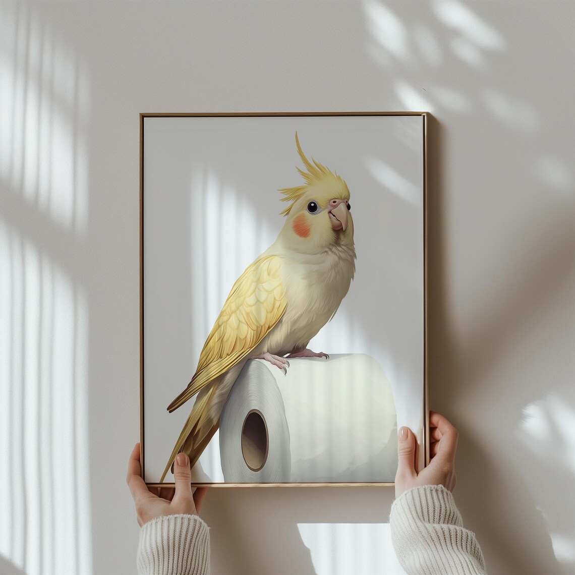 Cute Bright Yellow Cockatiel Perched on a Toilet Paper Roll Poster - Image 3