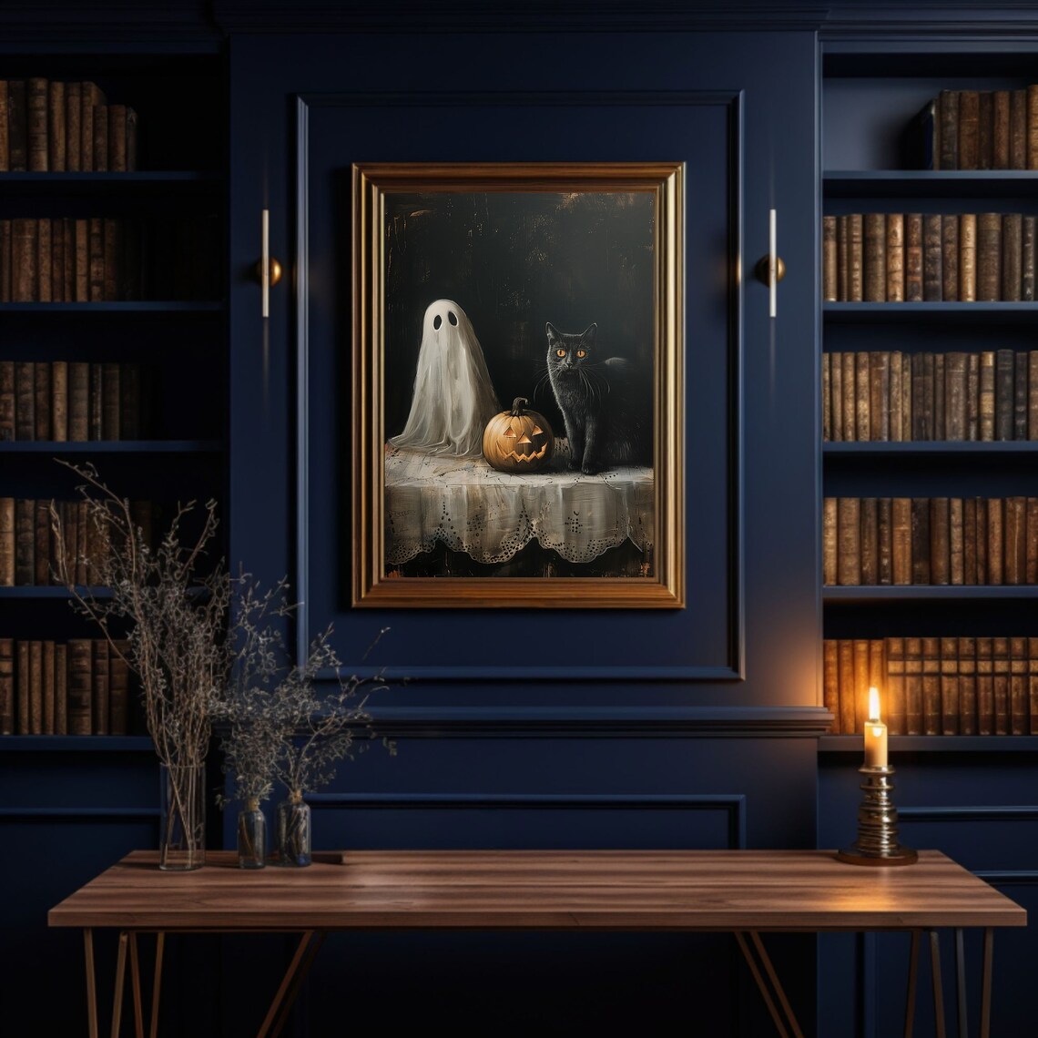 Ghost Black Cat And Pumpkin Moody Vintage Halloween Art Poster - Image 3