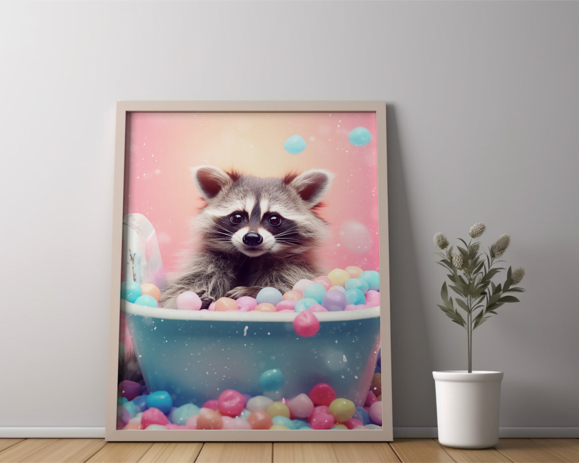 Raccoon In Pastel Ball Pit Bubble Bath Cute Funny Bathroom Wall Poster - Image 2