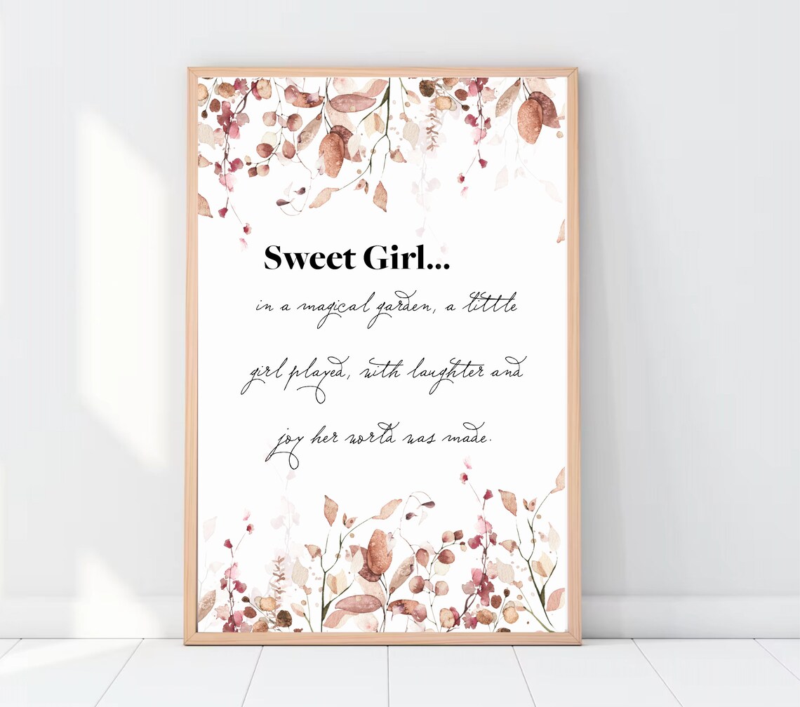 Sweet Girl in a Magical Garden Nursery Poster Blush Floral Quote Decor