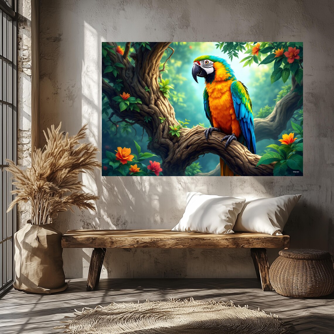 Tropical Blue Yellow Macaw Parrot Jungle Flowers Wildlife Art Poster