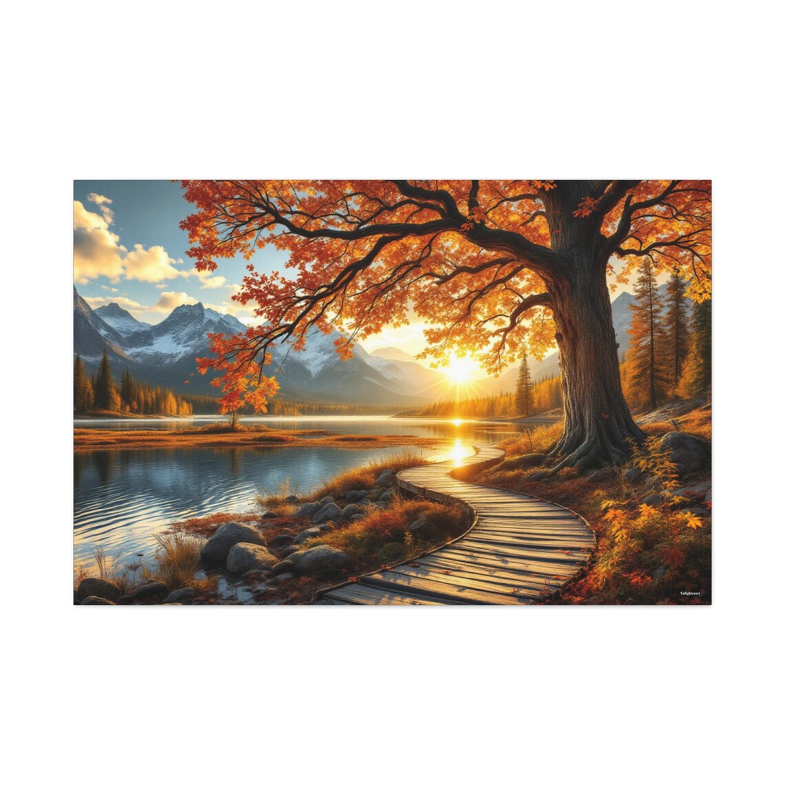 Autumn Boardwalk Under A Blazing Orange Tree By A Mountain Lake Poster - Image 3