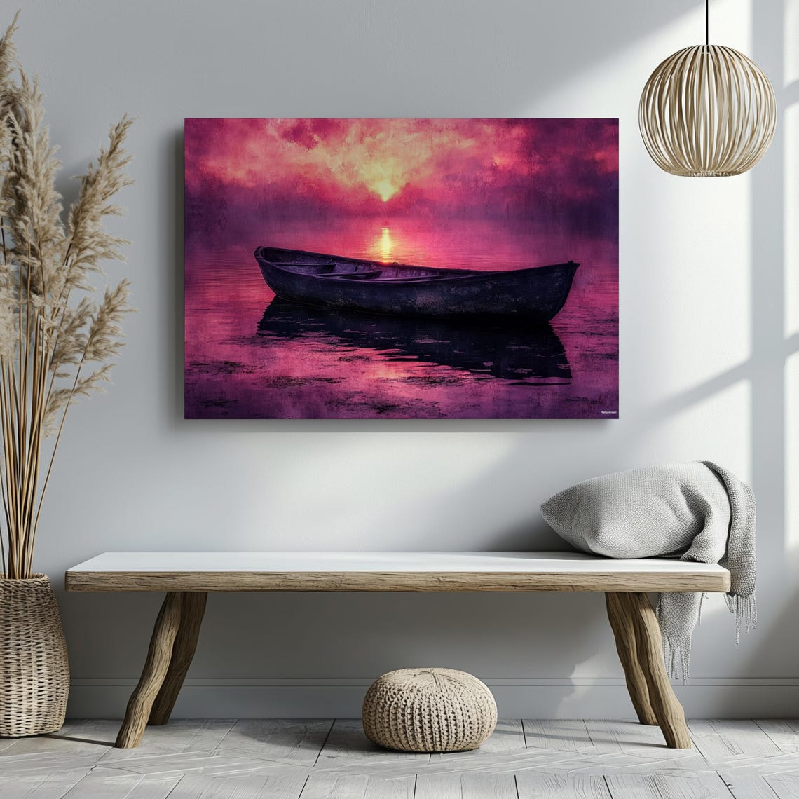 Wooden Rowboat Magenta Dawn Lake Still Water Reflection Art Poster - Image 3