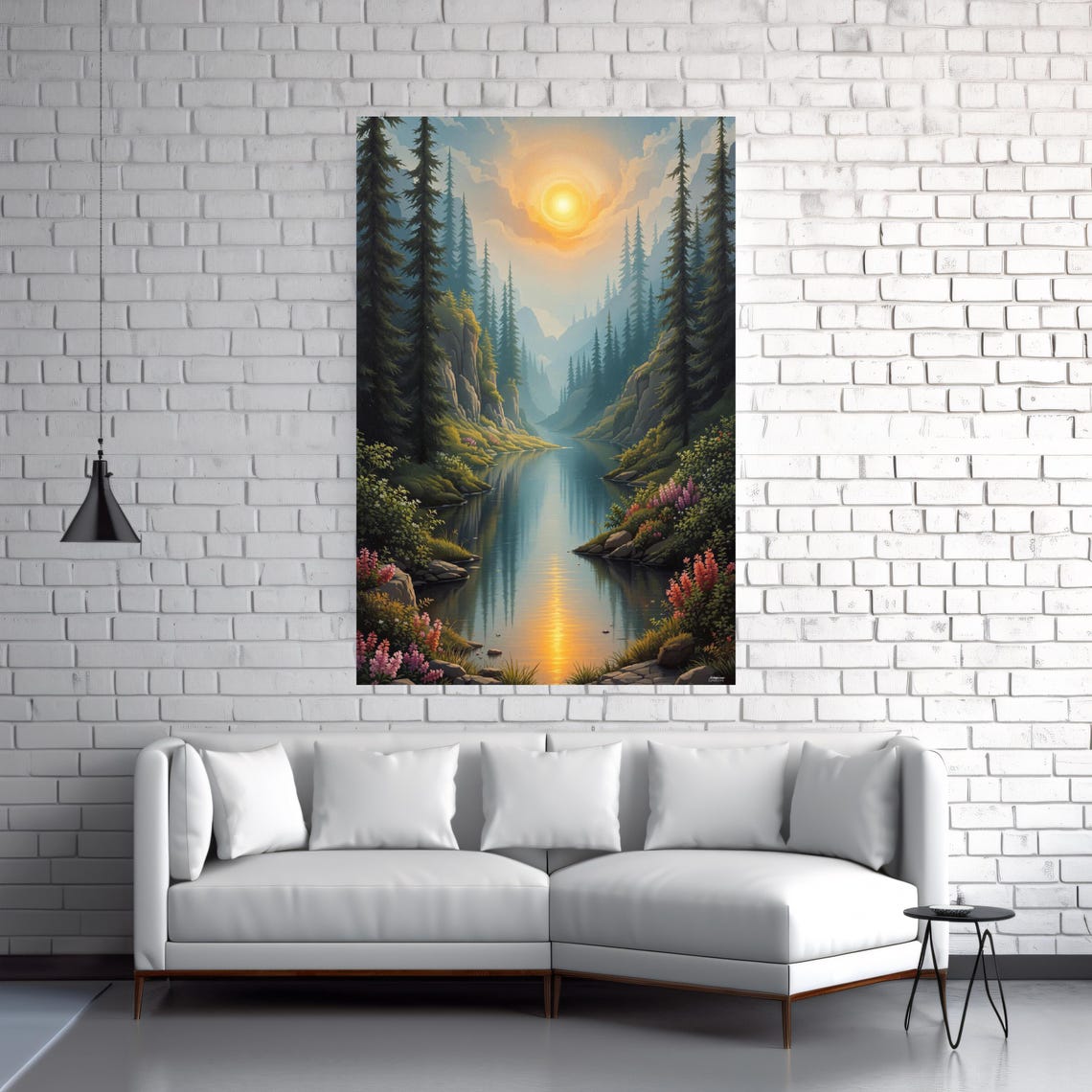 Sunlit Pine Forest River Gorge Wildflowers Dawn Dreamscape Art Print