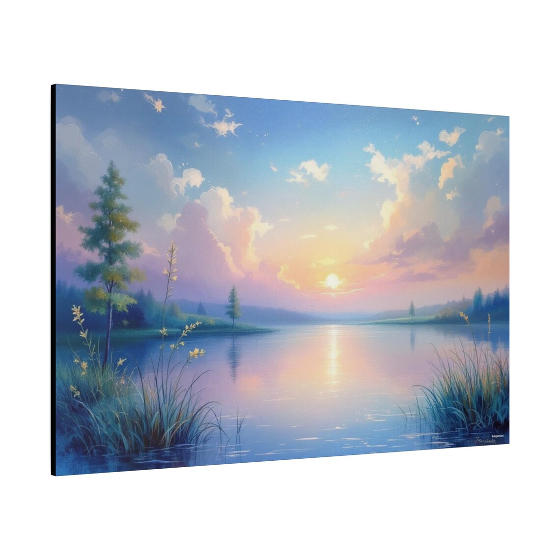 Misty Morning Lake Sunrise Pine Reflections Watercolor Art Poster - Image 2