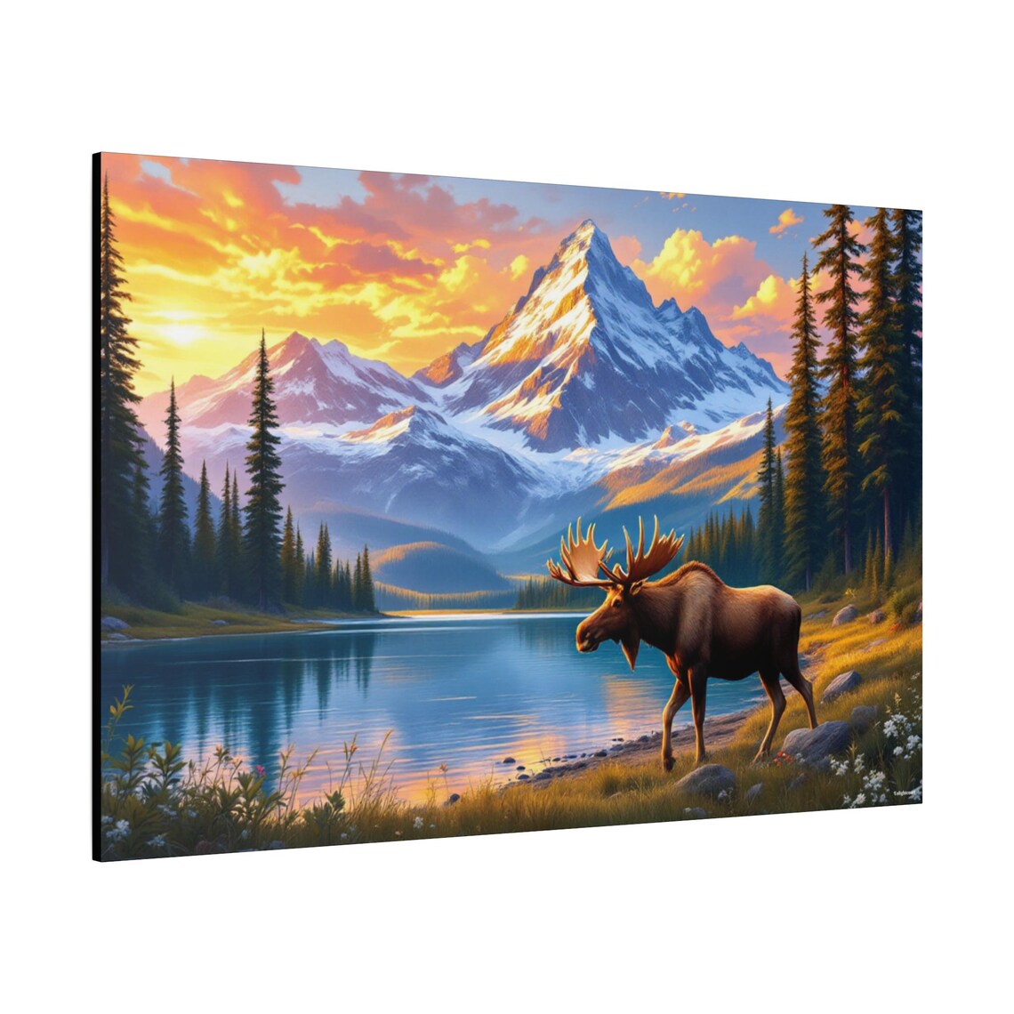 Moose Walking A Lakeside Meadow At Fiery Sunset With Snowy Peaks Poster - Image 2