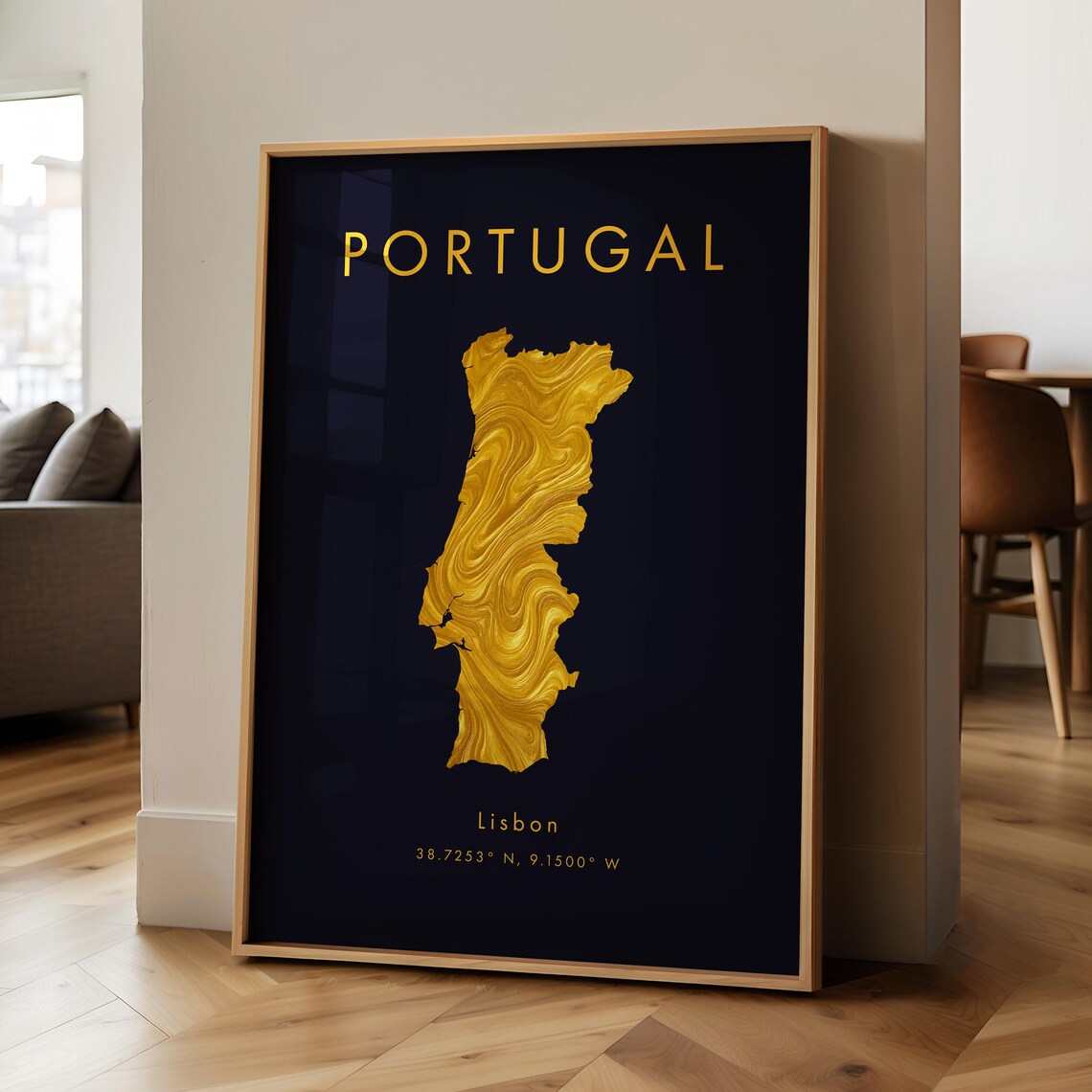 Portugal Gold Marble Map Black Background Lisbon Coordinates Decor Poster